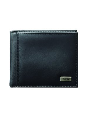 Black leather wallet with a smooth texture, bi-fold design, contrasting stitching, and a small metal brand tag on the front.