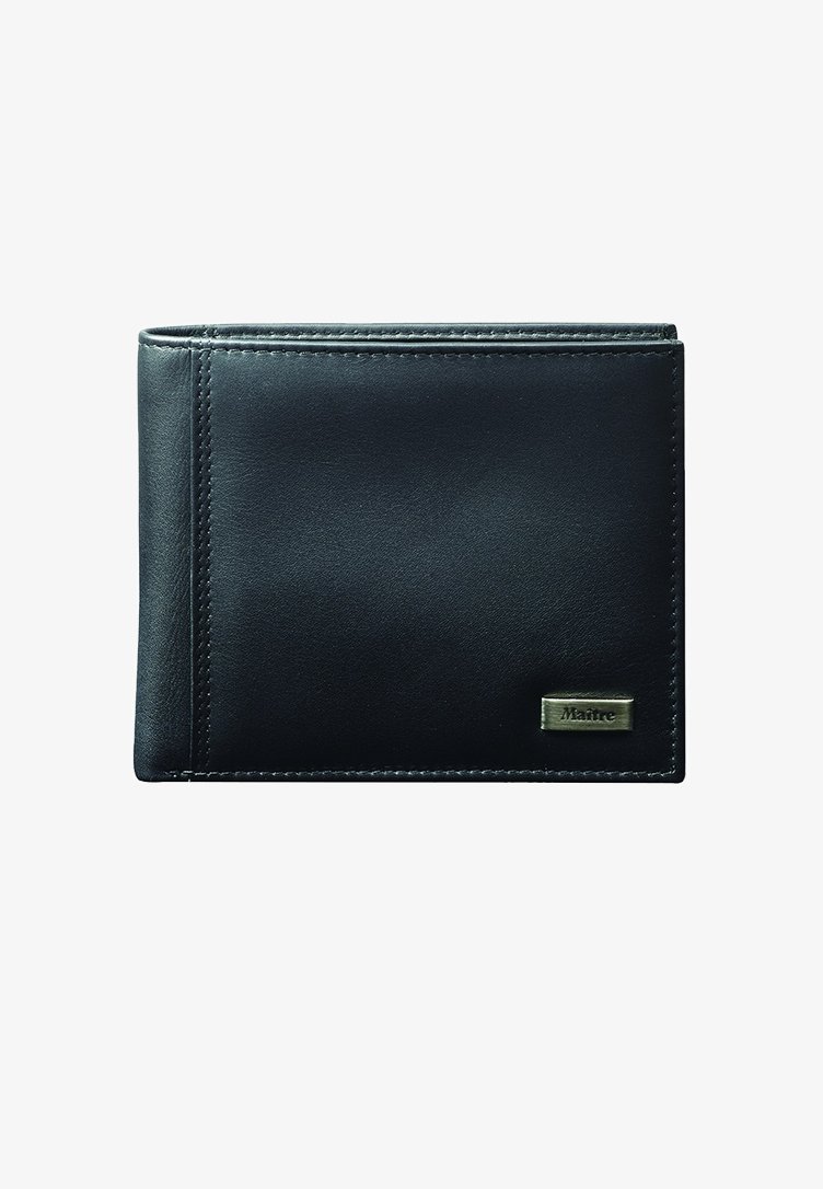 Black leather wallet with a smooth texture, bi-fold design, contrasting stitching, and a small metal brand tag on the front.