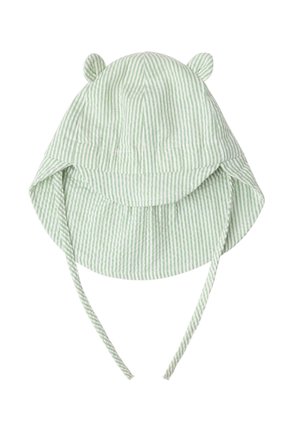 Vihreä-valkoraidallinen vauvan aurinkohattu, jossa on korvanmuotoiset yksityiskohdat ja pitkät leukahihnat turvallista istuvuutta varten.