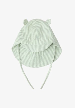 Grøn- og hvidstribet solhat til baby med øreformede detaljer og lange hakestroffer for sikker pasform.