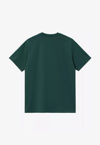 Camiseta de algodón de manga corta en verde oscuro, mostrada desde la parte de atrás sobre un fondo blanco liso.