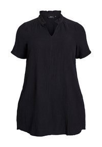 Black short-sleeve tunic, featuring a textured fabric with a slight sheen, draped neckline, and relaxed fit. Smooth hem at the bottom.