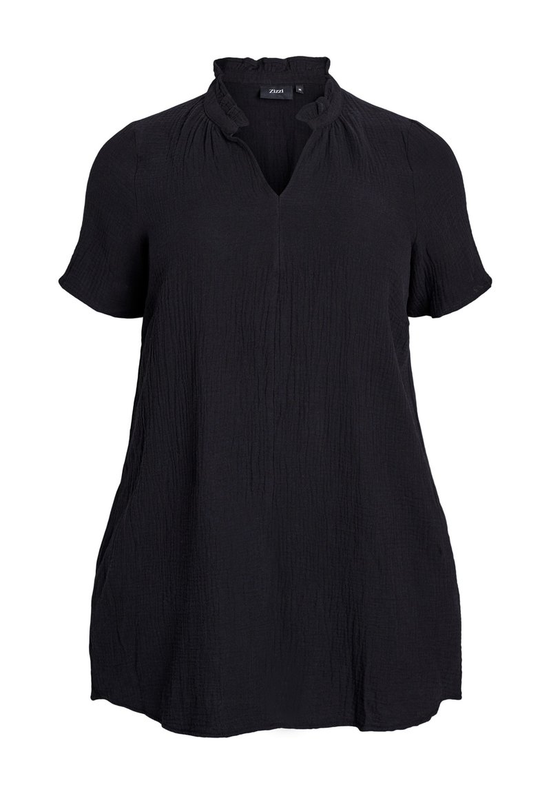 Black short-sleeve tunic, featuring a textured fabric with a slight sheen, draped neckline, and relaxed fit. Smooth hem at the bottom.
