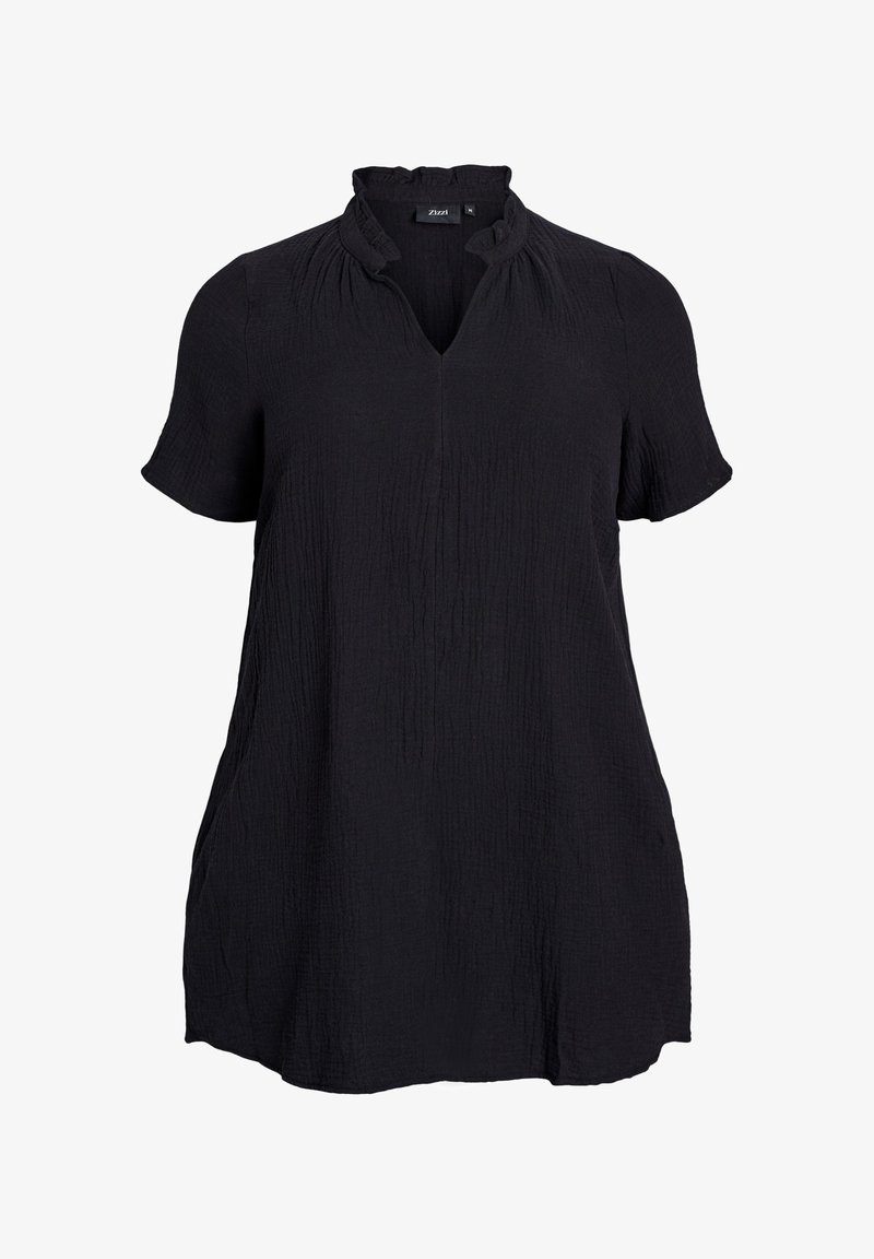 Tunique noire à manches courtes, dotée d'un tissu texturé avec un léger éclat, un col drapé et une coupe décontractée. Ourlet lisse au bas.