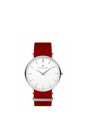 Minimalist wristwatch with white face, thin silver hour and minute hands, red textured strap, and Wallace Hume logo below 12 o'clock.