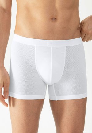 Weiße Netz-Boxershorts mit einem weichen Bund, passgenauer Form und strukturiertem Stoff. Verfügt über eine Tasche für Unterstützung und nahtlose Beinöffnungen.