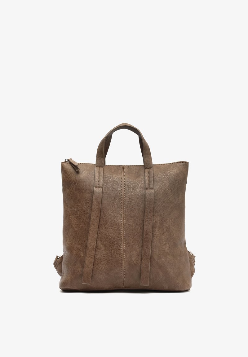 Brown leather tote bag with two top handles, a smooth texture, and a zippered closure. Features minimalistic design with subtle seam details.
