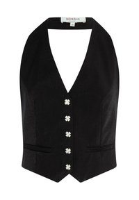 Débardeur noir avec un décolleté en V profond, doté d'un col halter, de cinq boutons en forme de fleur décoratifs et de deux poches avant.