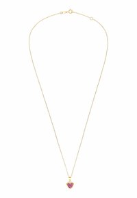 Gouden ketting met een hartvormige hanger met roze edelstenen en een gepolijste afwerking. De ketting heeft een veilige sluiting.