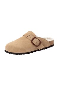 Hellbrauner Wildleder-Slipper mit brauner Schnalle, weichem Innenfutter und strukturierter schwarzer Gummisohle. Minimalistisches Design mit abgerundeter Spitze.