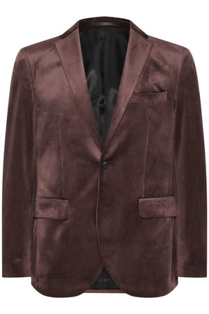 Blazer de terciopelo burdeos con solapas en pico, cierre de un botón, dos bolsillos frontales y un forro interior negro elegante.