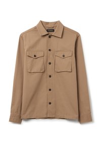 Camicia marrone a maniche lunghe in cotone, con chiusura a bottoni sul davanti, due tasche sul petto e colletto a punta.