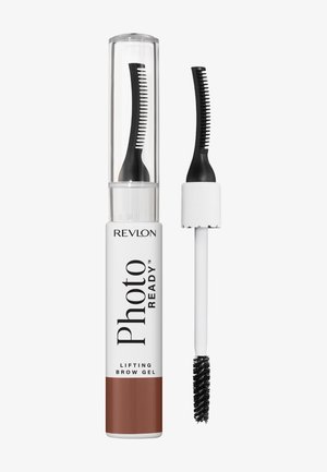 Żel do brwi Revlon PhotoReady z podwójnym aplikatorem szczoteczkowym: zakrzywionym grzebykiem i spiralną szczoteczką do podnoszenia i modelowania brwi.