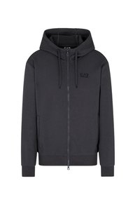 Felpa con zip grigia scura, dotata di cappuccio regolabile, polsini e bordo a coste, che presenta un logo discreto sul davanti e tasche laterali.