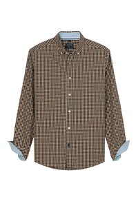Langärmliges Button-up-Hemd mit braunem, schwarzem und weißem Karomuster, hellblauen Innenmanschetten und Button-Down-Kragen.
