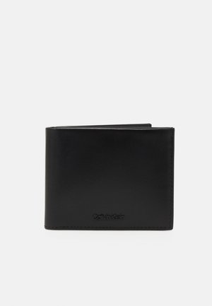 Black leather wallet with a smooth texture, bi-fold design, and embossed logo on the front. Minimalist appearance with clean lines.