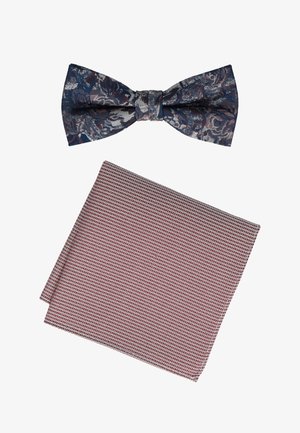 Navy and silver floral bow tie with a matching burgundy pocket square featuring a textured pattern, both made from woven fabric.