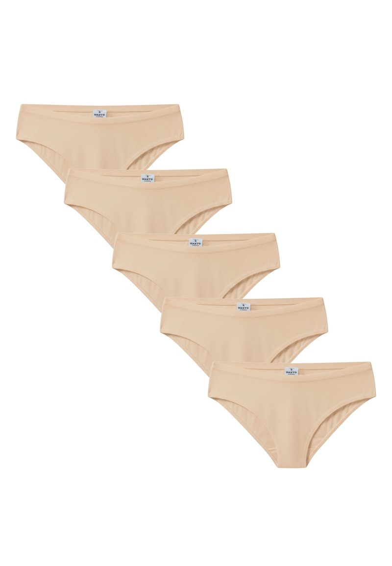 Set van vijf naadloze nude slips, gemaakt van een gladde stof, met een klassiek model en zonder zichtbare naden voor comfort en een strakke uitstraling.