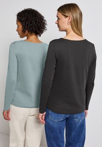 Camisas de manga larga en azul claro y negro, con cuellos redondos y textura suave, combinadas con pantalones claros y vaqueros azul oscuro.