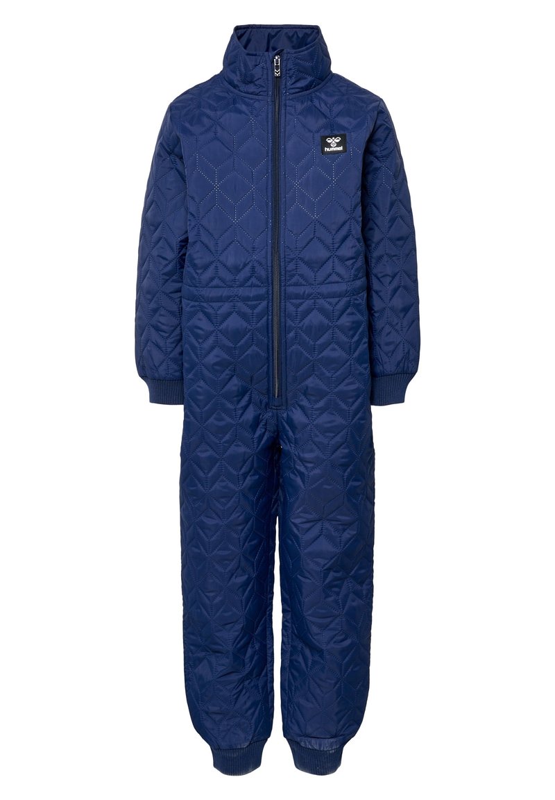 Mono acolchado azul marino con cuello alto, cremallera frontal completa y puños de canalé. Presenta un patrón hexagonal y una etiqueta de marca en el pecho.