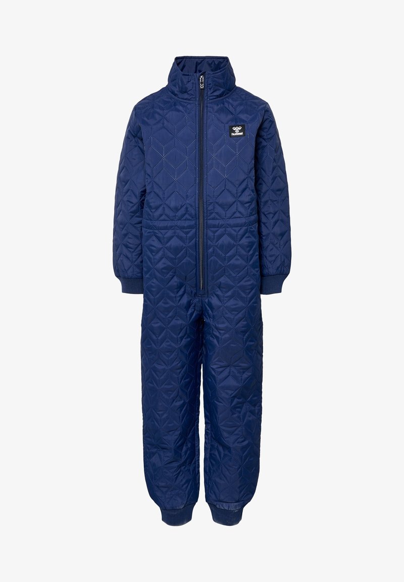 Mono acolchado azul marino con cuello alto, cremallera frontal completa y puños de canalé. Presenta un patrón hexagonal y una etiqueta de marca en el pecho.