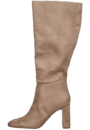 Knee-high taupe suede boot with a pointed toe, smooth texture, and a chunky heel. Features a minimalistic design with no visible hardware.