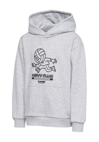 Grauer Kapuzenpullover aus weichem Material, mit einem großen schwarzen Grafik eines Charakters mit einem Volleyball und dem Text: "HSW CLUB INTERNATIONALS" und "hummel."