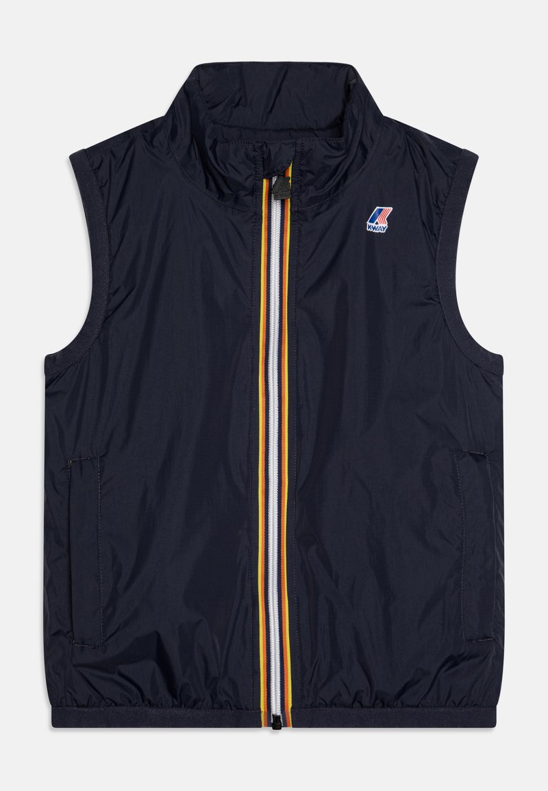 Navy sleeveless vest made of lightweight material, featuring a high collar, front zip with red, white, and yellow stripes, and side pockets.