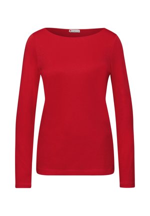 Camisa roja de manga larga hecha de algodón suave. Presenta un escote redondo amplio y un cuerpo ajustado con dobladillo recto. Diseño minimalista sin patrones.