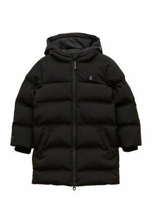 Schwarzer gesteppter Steppmantel mit Kapuze, Frontreißverschluss, zwei Seitentaschen und kleinem Tier-Logo auf der linken Brust.