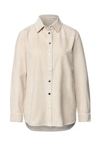 Beige corduroy overhemd met lange mouwen, een kraag en zwarte drukknoopsluitingen aan de voorkant, met een licht gebogen zoom.