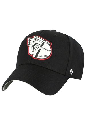 Black baseball cap made of fabric featuring a white and red embroidered graphic of hands and a baseball. Includes a curved visor and logo.
