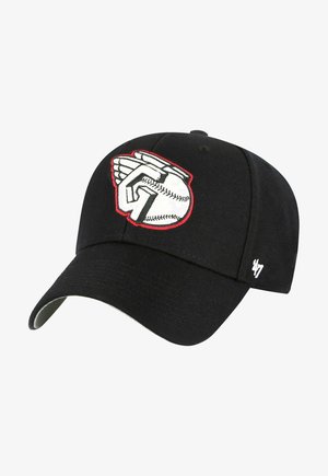 Cappellino da baseball nero in tessuto con grafica ricamata bianca e rossa raffigurante delle mani e una pallina da baseball. Include una visiera curva e un logo.