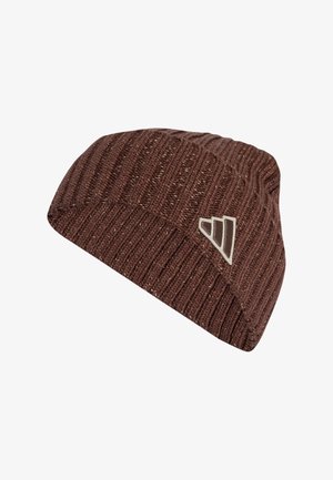 Brown knit beanie with ribbed texture and embroidered logo on the side. Soft material, close-fitting design suitable for cold weather.