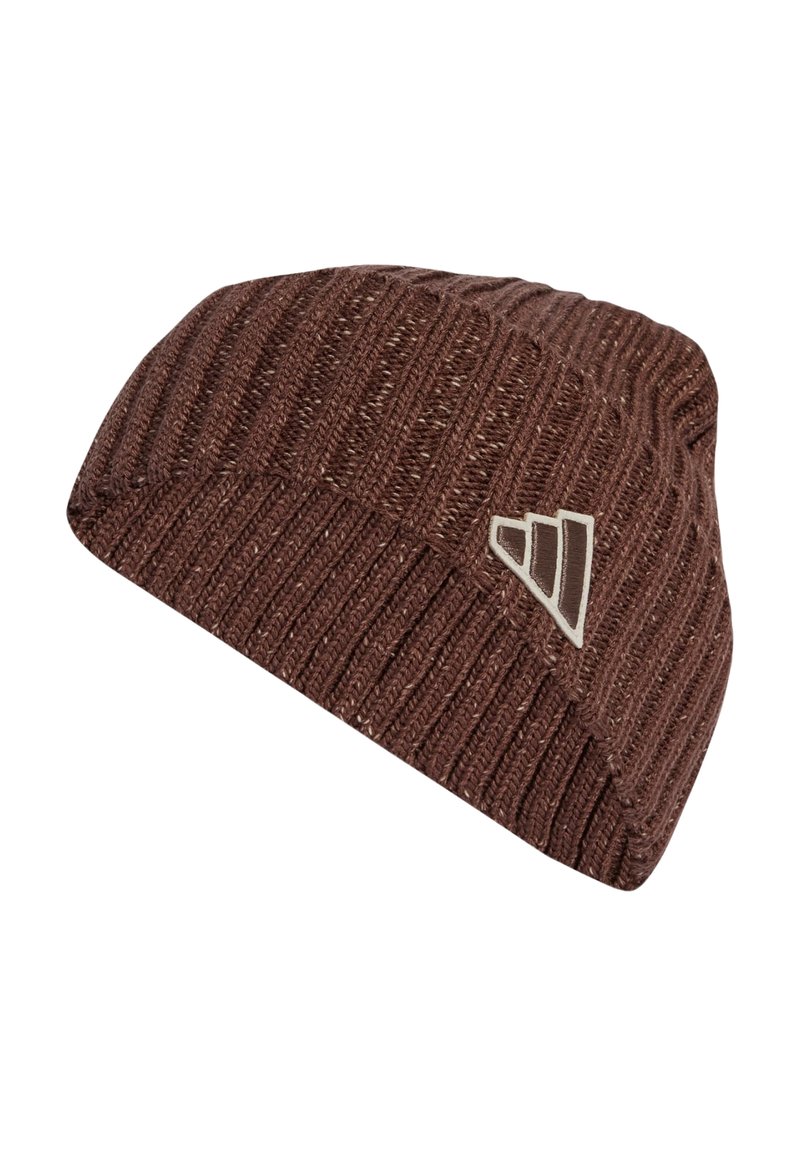 Brown knit beanie with ribbed texture and embroidered logo on the side. Soft material, close-fitting design suitable for cold weather.