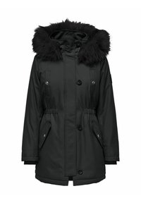 Parka noire avec capuche à fausse fourrure, taille élastique, fermeture par boutons-pression et zip, poches latérales et poignets côtelés. Matière lisse et résistante à l'eau.