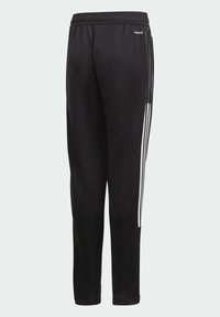 Pantalones deportivos negros con corte ajustado, fabricados en tejido transpirable. Presenta tres rayas blancas a lo largo de los lados y una cinturilla elástica.
