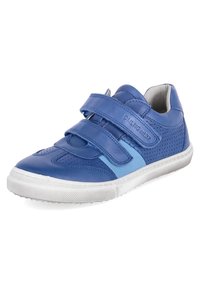 Blaue Leder-Sneaker mit durchlöchertem Design und hellblauen Akzenten. Verfügt über zwei Klettverschlüsse und eine weiße Gummisohle. Abgerundete Zehenform.