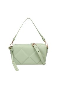 Groene gewatteerde nep leren handtas met een afneembare schouderriem en accenten van goudkleurig beslag. Heeft een rechthoekige vorm en een gestructureerd patroon.