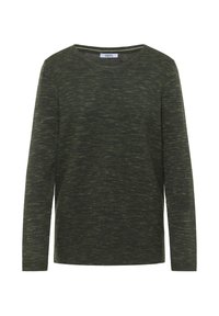Langærmet olivengrøn sweater med et tekstureret, stribet mønster. Rund halsudskæring og afslappet pasform. Fremstillet af et blødt, blandet materiale.