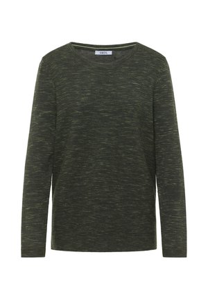 Długi sweter z oliwkowej zieleni o teksturowanym, paskowanym wzorze. Okrągły dekolt i luźny fason. Wykonany z miękkiego, mieszankowego materiału.