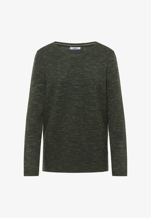 Długi sweter z oliwkowej zieleni o teksturowanym, paskowanym wzorze. Okrągły dekolt i luźny fason. Wykonany z miękkiego, mieszankowego materiału.