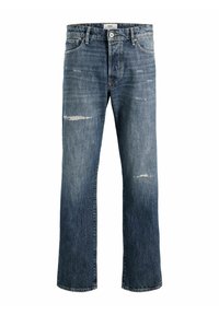 Světle modré džíny z denimu s přímým střihem nohavic, zdobené opranými místy a vybledlým vzhledem. Pět kapes s kovovými doplňky.