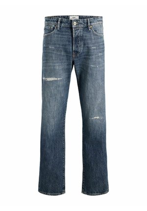 Svetlo modre džins hlače z ravnimi hlačnicami, z raztrganimi predeli in izpranim videzom. Stil s petimi žepi in kovinskimi dodatki.