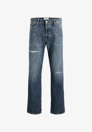Lichtblauwe denim jeans met een rechte pijp, voorzien van versleten details en een vervaagde afwerking. Vijfzakkenmodel met metalen accenten.