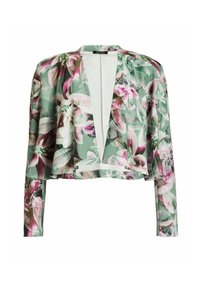 Veste courte florale en vert clair avec des pétales roses et blancs. Présente un devant ouvert et des manches longues avec un tissu léger et fluide.