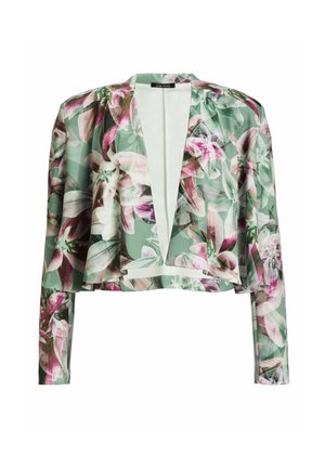 Kes jacket cropped floral berwarna hijau muda dengan kelopak pink dan putih. Memiliki bagian depan terbuka dan lengan panjang dengan kain yang ringan dan mengalir.