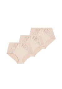Drie paar nude hoogwaardepanty met kantafwerking en stippenpatroon, gemaakt van een zachte, rekbare stof voor optimaal comfort.