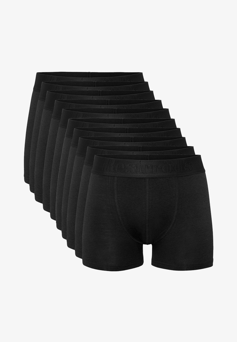 Boxer-briefs en coton noir avec une taille élastique arborant un logo en relief. Ensemble de dix, texture lisse, conçu pour le confort et l'ajustement.
