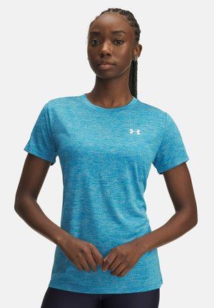Blå melange tränings t-shirt med korta ärmar, rundad hals och en vit logotyp på bröstet. Materialet verkar lätt och andas.